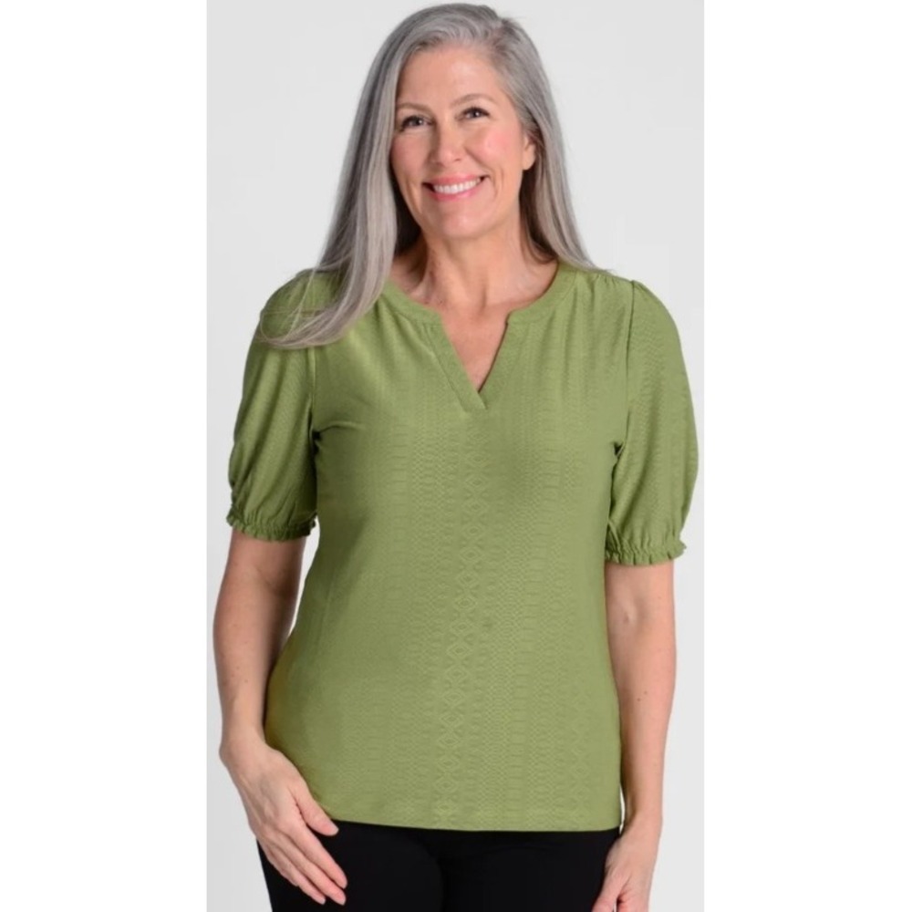 Christopher & Banks Petite M Olive Green Textured V-Neck Puff Sleeve Top NWT $45